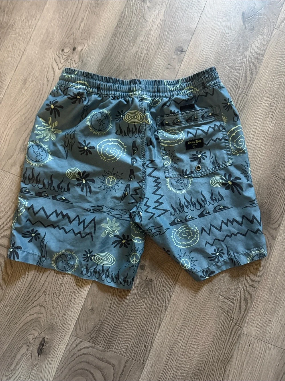 Quiksilver Boys Blue Graphic Swim Trunks with Lime Accents